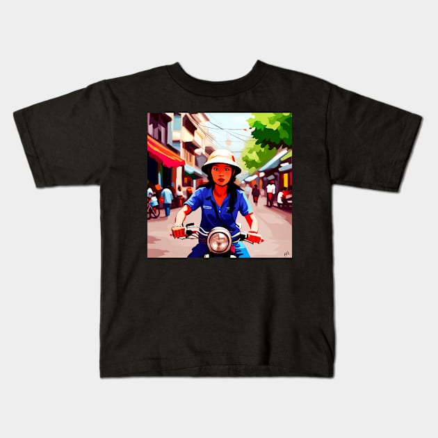 Vietnamese Girl on Motorbike Kids T-Shirt by HanaTee